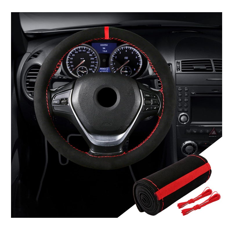 Dickno Car Steering Wheel Cover AntiSlip Auto Stitch on Wrap Steering Wheel Protector for Max Diameter 15 Inch DIY Sewing with Needle Thread Universal Vehicle Interior Decor Black RedRed - Image 3