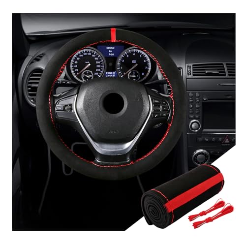 Dickno Car Steering Wheel Cover AntiSlip Auto Stitch on Wrap Steering Wheel Protector for Max Diameter 15 Inch DIY Sewing with Needle Thread Universal Vehicle Interior Decor Black RedRed - Image 1