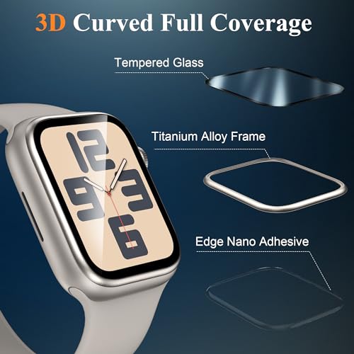 EWUONU [2 Pack] Tempered Glass Screen Protector for Apple Watch SE(2nd Gen)/SE Series 6/5/4 40mm, Metal Frame Full Coverage Waterproof Bubble-Free Anti-Scratch HD Clear Film for iWatch SE 2/SE/6/5/4 - Image 2