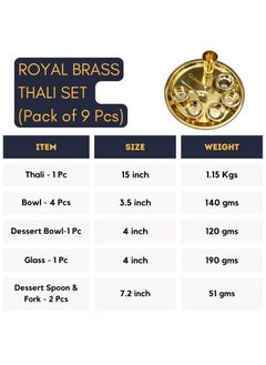Embassy Embassy Royal Brass Thali Set - 9 Piece Pack: 1 Plate, 1 Tumbler, 4 Bowls, 1 Pudding, 1 Spoon & 1 Fork - 100% Pure Brass - Mirror Finish - Ideal for Royal & Exquisite Dining Experience  - Image 5