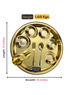 Embassy Embassy Royal Brass Thali Set - 9 Piece Pack: 1 Plate, 1 Tumbler, 4 Bowls, 1 Pudding, 1 Spoon & 1 Fork - 100% Pure Brass - Mirror Finish - Ideal for Royal & Exquisite Dining Experience  - Image 3
