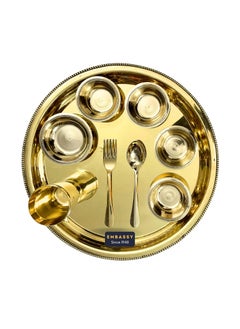 Embassy Embassy Royal Brass Thali Set - 9 Piece Pack: 1 Plate, 1 Tumbler, 4 Bowls, 1 Pudding, 1 Spoon & 1 Fork - 100% Pure Brass - Mirror Finish - Ideal for Royal & Exquisite Dining Experience  - Image 1