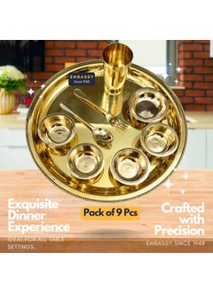 Embassy Embassy Royal Brass Thali Set - 9 Piece Pack: 1 Plate, 1 Tumbler, 4 Bowls, 1 Pudding, 1 Spoon & 1 Fork - 100% Pure Brass - Mirror Finish - Ideal for Royal & Exquisite Dining Experience  - Image 2