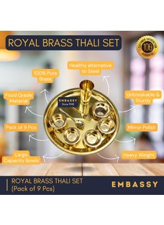 Embassy Embassy Royal Brass Thali Set - 9 Piece Pack: 1 Plate, 1 Tumbler, 4 Bowls, 1 Pudding, 1 Spoon & 1 Fork - 100% Pure Brass - Mirror Finish - Ideal for Royal & Exquisite Dining Experience  - Image 4