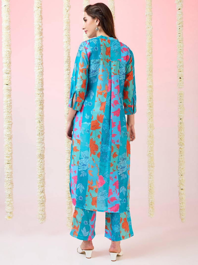globus Globus Women Floral Print Mandarin Collar High-Low Hem Straight Kurta & Pants Fusion Set  - Image 3