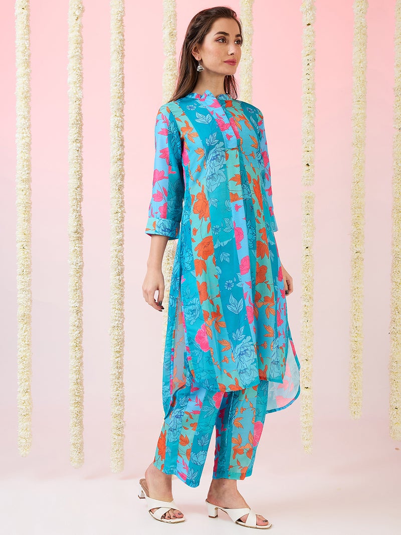 globus Globus Women Floral Print Mandarin Collar High-Low Hem Straight Kurta & Pants Fusion Set  - Image 2