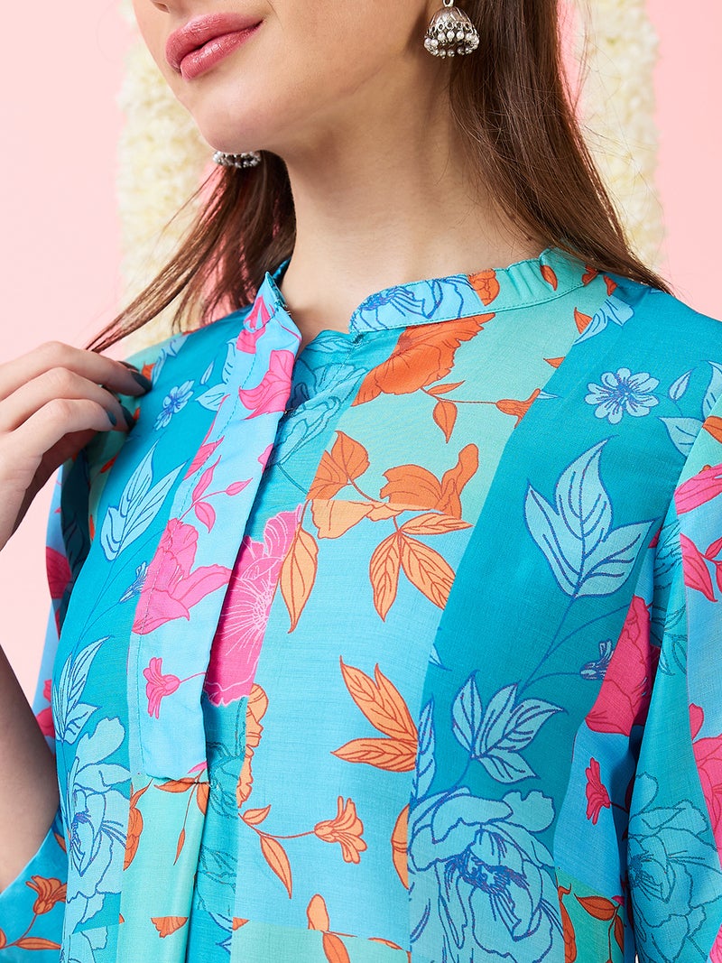 globus Globus Women Floral Print Mandarin Collar High-Low Hem Straight Kurta & Pants Fusion Set  - Image 4