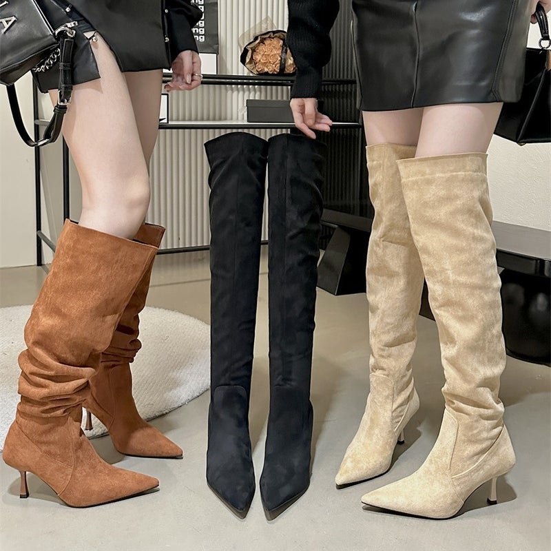 Fashion Boots Large Round Pile Boots Pointed Pleated Thin Heel High Boots - Image 2