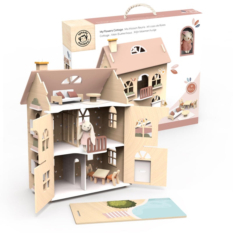 SPEEDY MONKEY Flowers Cottage Wooden Dollhouse with Starter Set Pretend Play Doll House for Toddlers Preschoolers Fun Playhouse for Boys Girls Ideal for Imaginative Storytelling Playset - Image 3