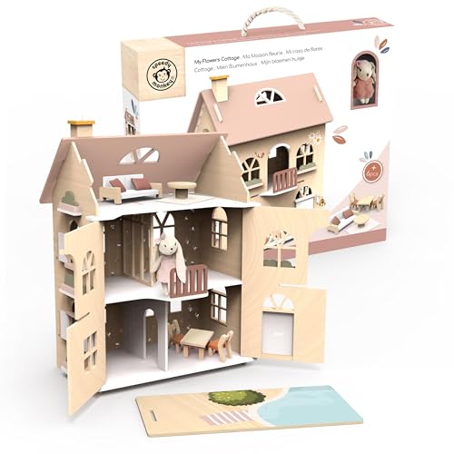 SPEEDY MONKEY Flowers Cottage Wooden Dollhouse with Starter Set Pretend Play Doll House for Toddlers Preschoolers Fun Playhouse for Boys Girls Ideal for Imaginative Storytelling Playset - Image 1