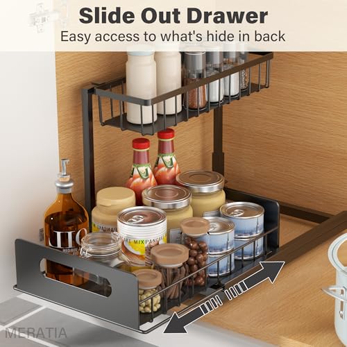 MERATIA 2 Pack Under Sink Organizer, 2 Tier Pull Out Cabinet Organizer,Slide out Metal Cabinet Organizers Multi-Purpose Drawer Shelf for Kitchen Bathroom Pantry Cabinet Closet Organization Rack,Black - Image 3