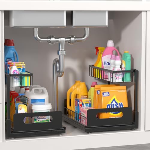 MERATIA 2 Pack Under Sink Organizer, 2 Tier Pull Out Cabinet Organizer,Slide out Metal Cabinet Organizers Multi-Purpose Drawer Shelf for Kitchen Bathroom Pantry Cabinet Closet Organization Rack,Black - Image 1