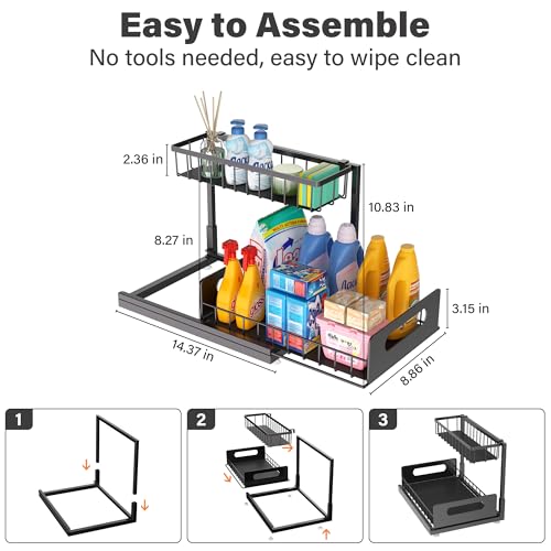 MERATIA 2 Pack Under Sink Organizer, 2 Tier Pull Out Cabinet Organizer,Slide out Metal Cabinet Organizers Multi-Purpose Drawer Shelf for Kitchen Bathroom Pantry Cabinet Closet Organization Rack,Black - Image 2