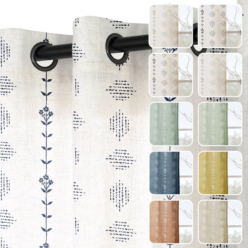 Lino Rosa Navy Blue and White Curtains 84 Inch Length 2 Panels Set,Nautical Floral Striped Grommet Linen Sheer Pattern Curtains for Living Room Bedroom,Dark Indigo Blue - Image 5