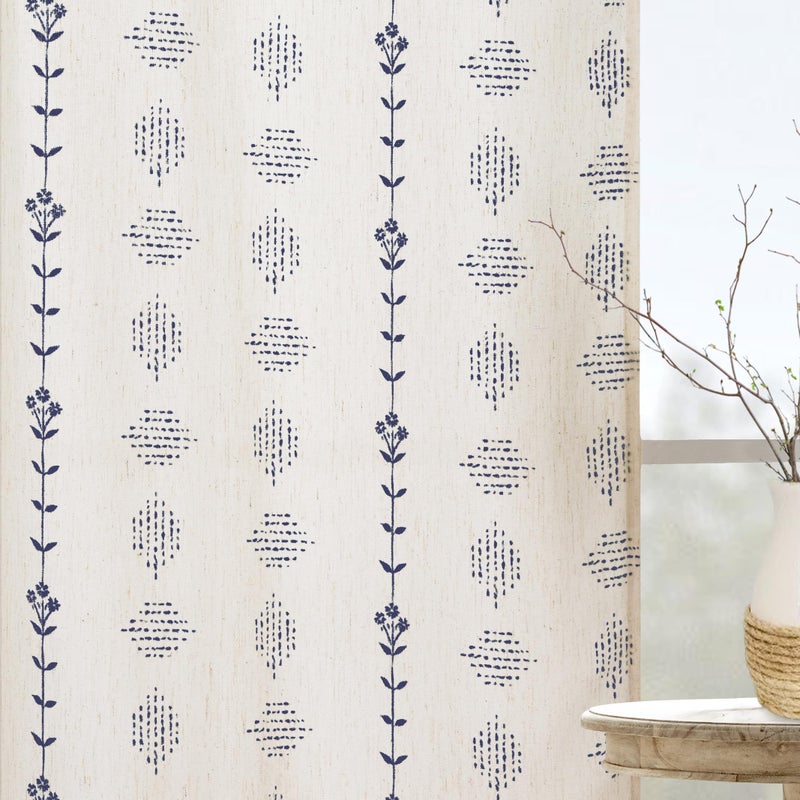 Lino Rosa Navy Blue and White Curtains 84 Inch Length 2 Panels Set,Nautical Floral Striped Grommet Linen Sheer Pattern Curtains for Living Room Bedroom,Dark Indigo Blue - Image 1