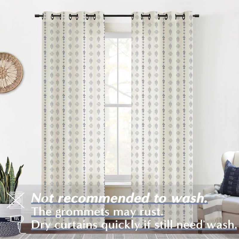 Lino Rosa Navy Blue and White Curtains 84 Inch Length 2 Panels Set,Nautical Floral Striped Grommet Linen Sheer Pattern Curtains for Living Room Bedroom,Dark Indigo Blue - Image 2