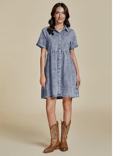 GRAPENT Short Homecoming Denim Dresses Blue Spring Dress for Women 2025 Summer Casual Dresses for Women Button Down Shirt Jean Dress Color Bay Blue Baggy Oversized Small Size 4 Size 6 - Image 4