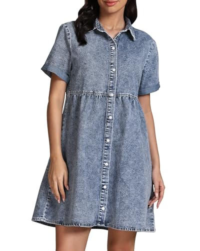 GRAPENT Short Homecoming Denim Dresses Blue Spring Dress for Women 2025 Summer Casual Dresses for Women Button Down Shirt Jean Dress Color Bay Blue Baggy Oversized Small Size 4 Size 6 - Image 1
