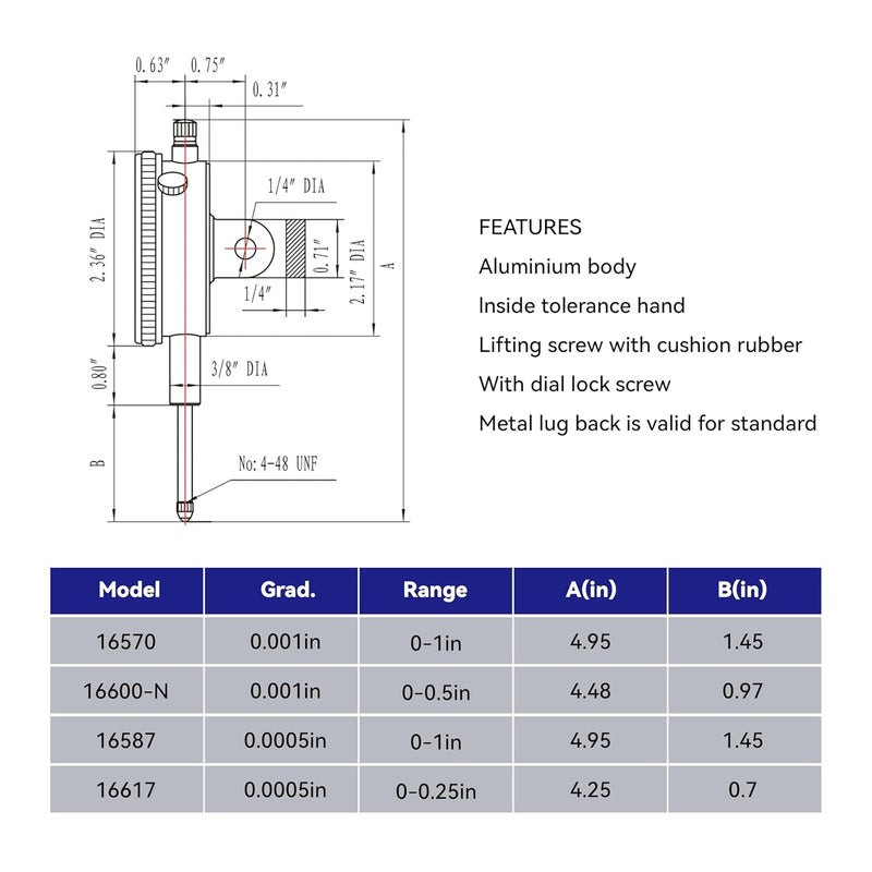 HFS (R) 0-1/4" Dial Indicator Lathe Tool High Precision, 0.25" Range, 0.0005" Graduation Interval - Image 3