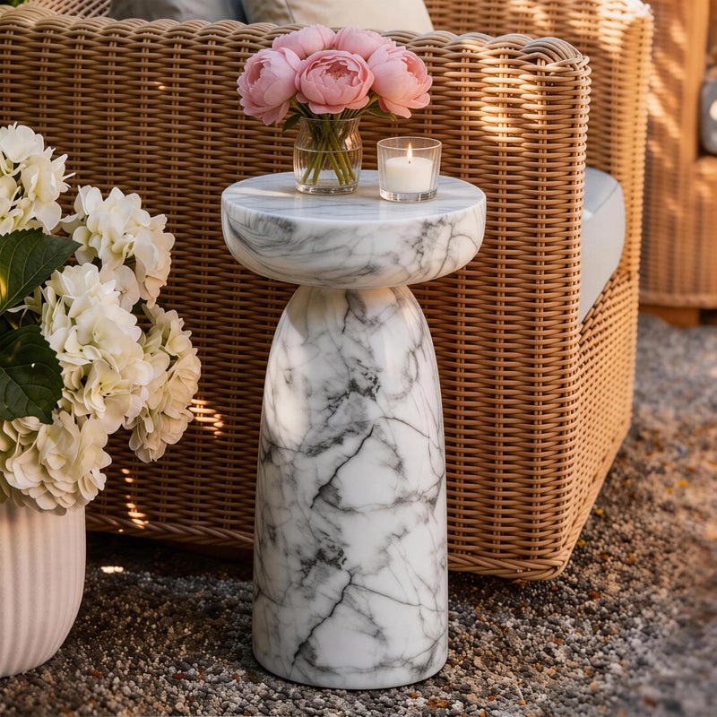 Ultym Marble Side Table, 24" Modern Accent Table with Pedestal Stand, Durable Faux Marble Side Table for Small Spaces, Marble Look Coffee Table Accent Drink Tables for Living Room Patio Balcony - Image 4