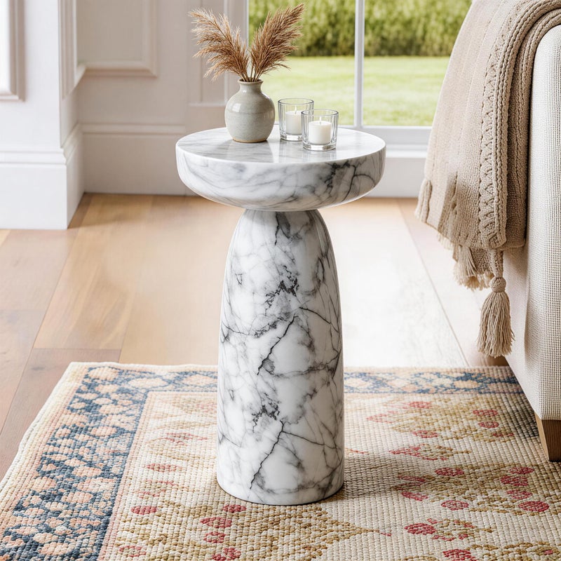Ultym Marble Side Table, 24" Modern Accent Table with Pedestal Stand, Durable Faux Marble Side Table for Small Spaces, Marble Look Coffee Table Accent Drink Tables for Living Room Patio Balcony - Image 1