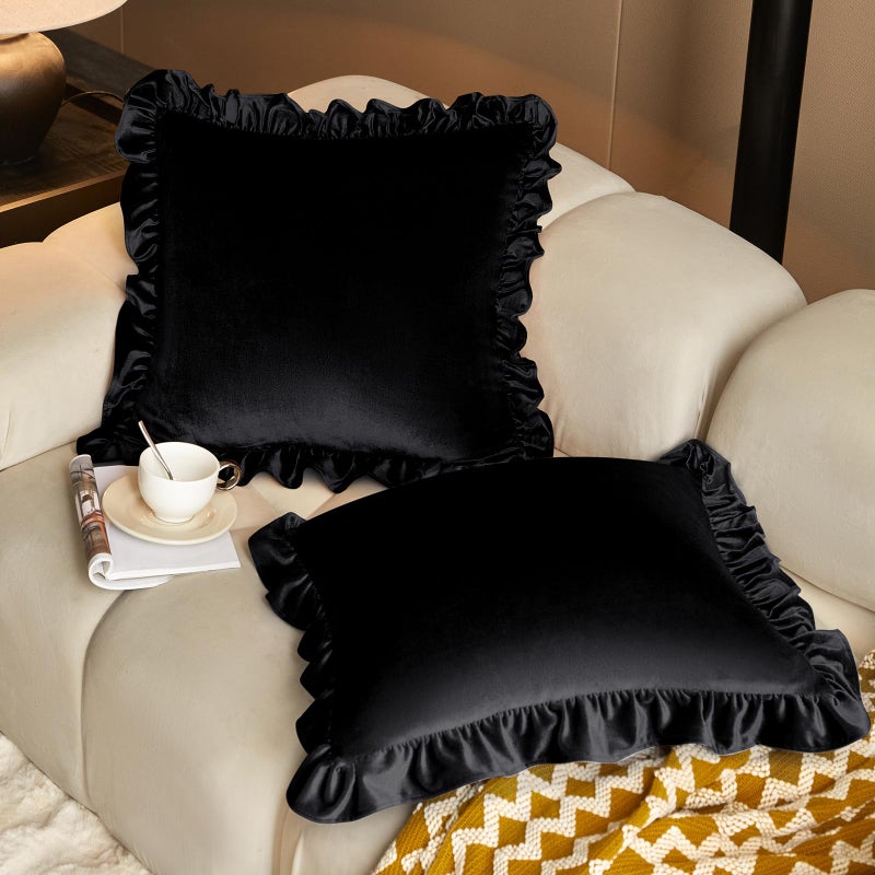 KKJIAF Black Velvet Throw Pillow Covers 18 x 18 Inch Set of 2, Ruffle Euro Pillow Shams Velvet Square Pillow Case for Sofa Bedroom Couch Decorative - Image 1