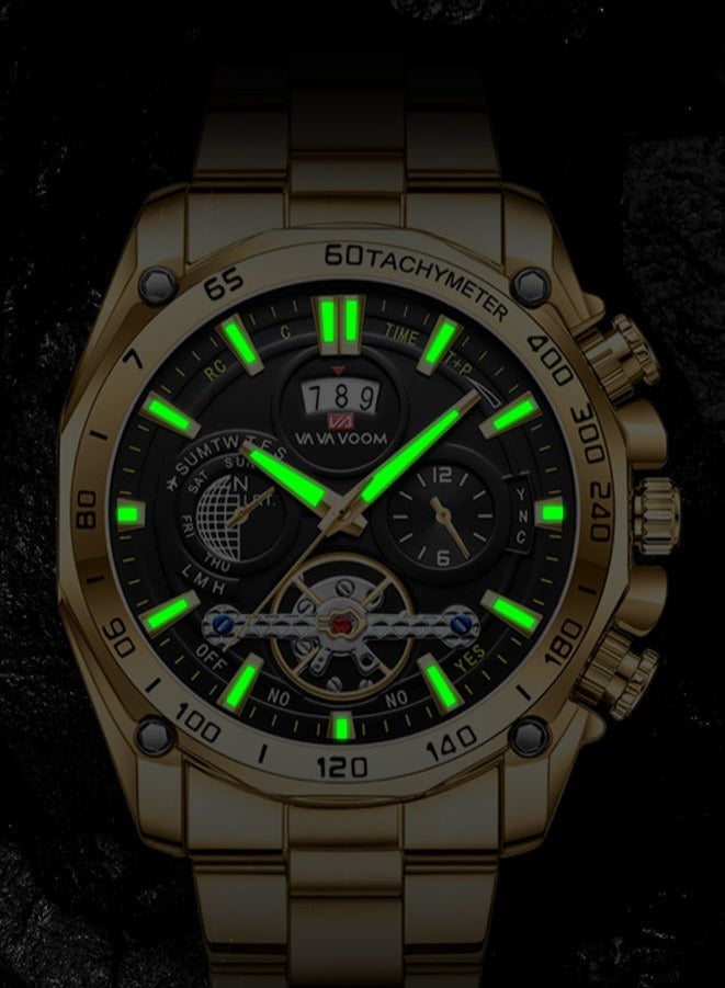 VA VA VOOM Men's Fashion Waterproof Stainless Steel Analog Quartz Watch - Gold - Image 3