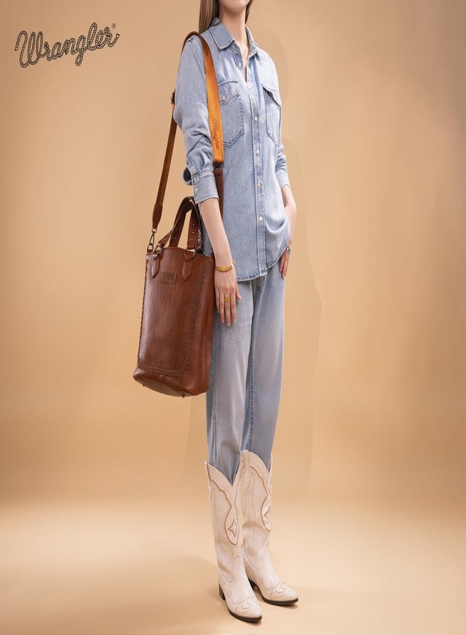 Wrangler Crossbody Purse for Women Work Tote Bag Brown Women's Top-handle Satchel Bag with Convertible Strap and Rivet Disign WG94G-8317BR - Image 3