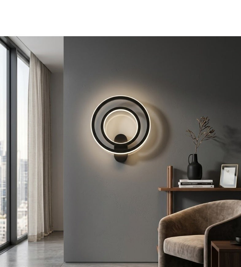 ابليك حائط LED عصري، حلقات دائرية متحدة المركز، أسود وأبيض