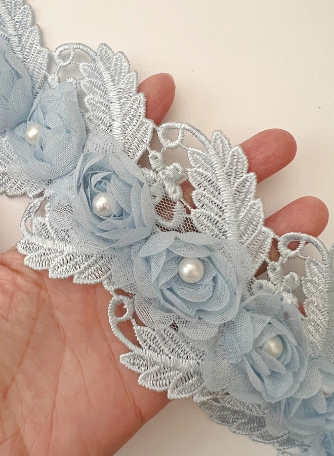 PEPPERLONELY 1 Yard Blue 3D Pearl Chiffon Flower Embroidered Lace Edge Trim Ribbon, Flower Width 7.5cm - Image 2