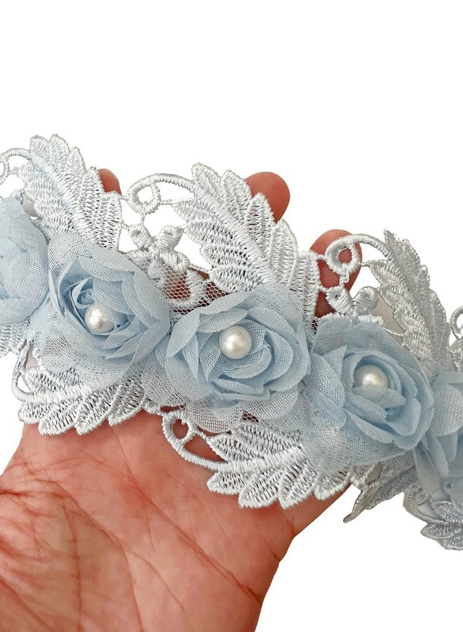 PEPPERLONELY 1 Yard Blue 3D Pearl Chiffon Flower Embroidered Lace Edge Trim Ribbon, Flower Width 7.5cm - Image 1