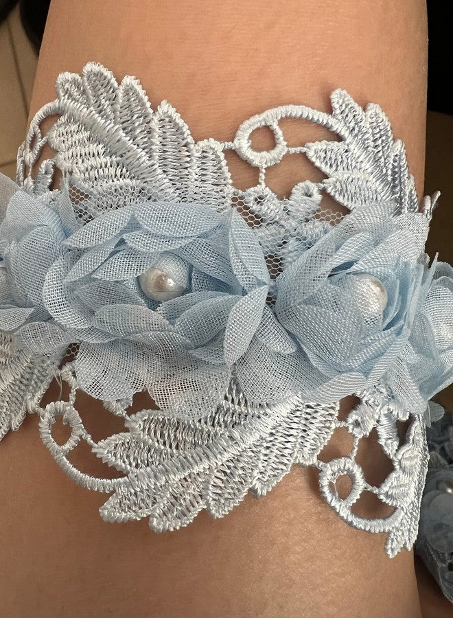 PEPPERLONELY 1 Yard Blue 3D Pearl Chiffon Flower Embroidered Lace Edge Trim Ribbon, Flower Width 7.5cm - Image 3