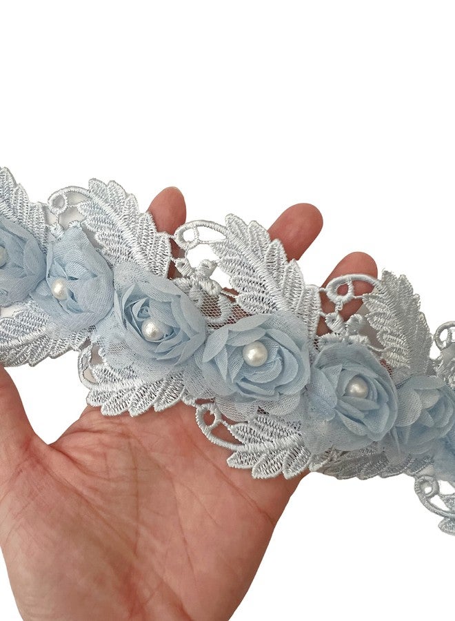 PEPPERLONELY 1 Yard Blue 3D Pearl Chiffon Flower Embroidered Lace Edge Trim Ribbon, Flower Width 7.5cm - Image 4