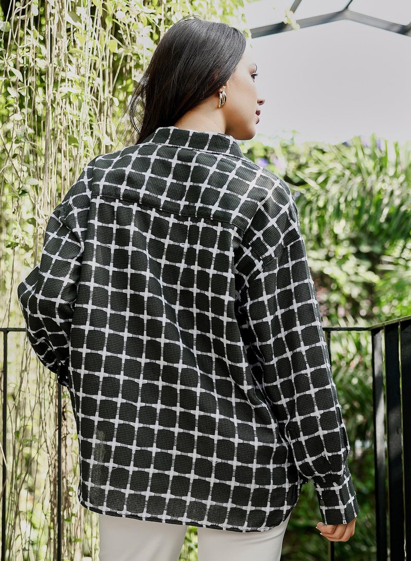PINACOLADA Women's Sacramento Green Overlap Jacquard-Check Oversized Shirt - Image 5