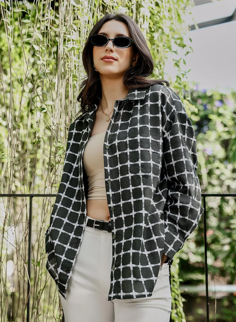 Women's Sacramento Green Overlap Jacquard-Check Oversized Shirt