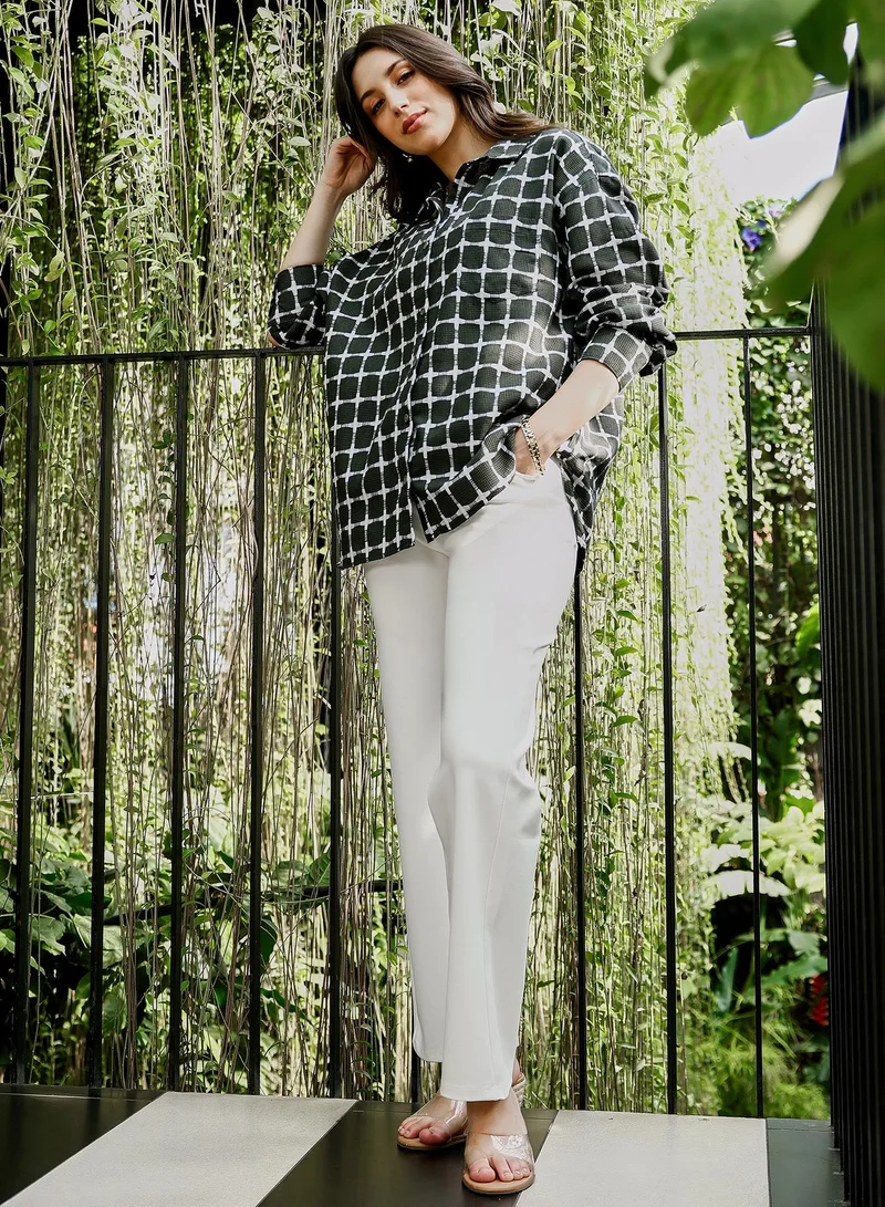 PINACOLADA  Women's Sacramento Green Overlap Jacquard-Check Oversized Shirt for Women | Best Price UAE