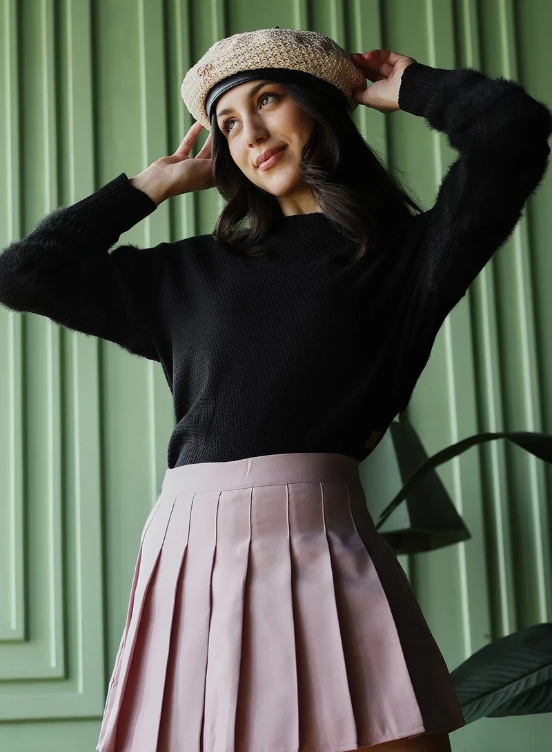 Women's Sherpa-Lined Knit Pullover Sweater | Round Neck , Long Ribbed-Cuff Sleeves, Pull On Closure | Solid Jacquard Knitted Shirt For Casual & Daily Wear | Midnight Black