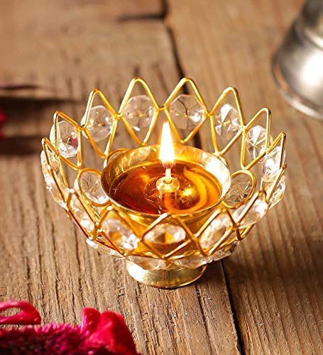 Prisma Collection Prisma Collection Lotus Shape Crystal Akhand Diya Jyothi Oil Deepam Brass for Puja Home Decor Medium 