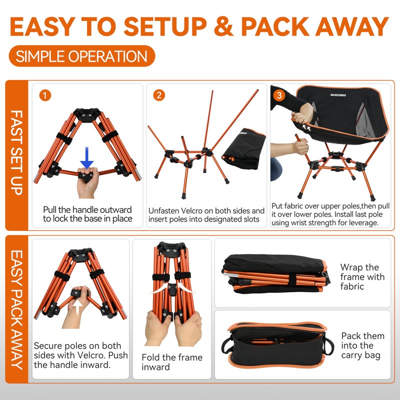 MARCHWAY Lightweight Folding Camping Chair, Portable Foldable Compact for Outdoor Camp, Travel, Beach, Picnic, Festival, Hiking, Backpacking, Supports 330Lbs (Orange) - Image 5