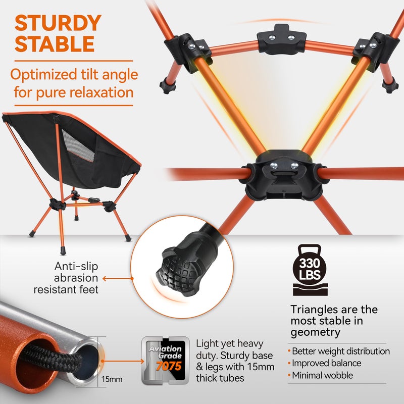 MARCHWAY Lightweight Folding Camping Chair, Portable Foldable Compact for Outdoor Camp, Travel, Beach, Picnic, Festival, Hiking, Backpacking, Supports 330Lbs (Orange) - Image 2