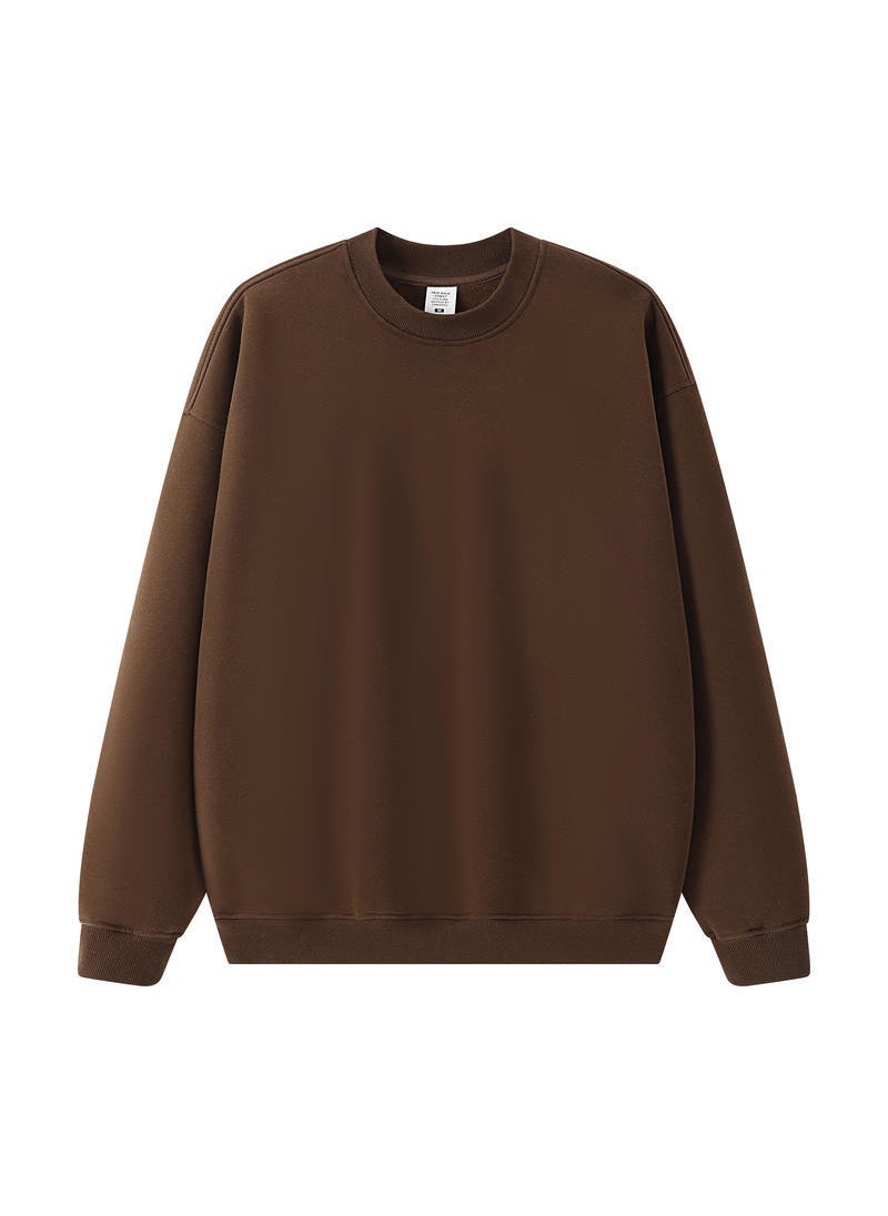 Generic Trendy Brand Mens Solid Color Simple Versatile Fleece-Lined Round Neck Pullover Sweatshirt Loose Fit Casual Style Couple Sweats Brown Brown 