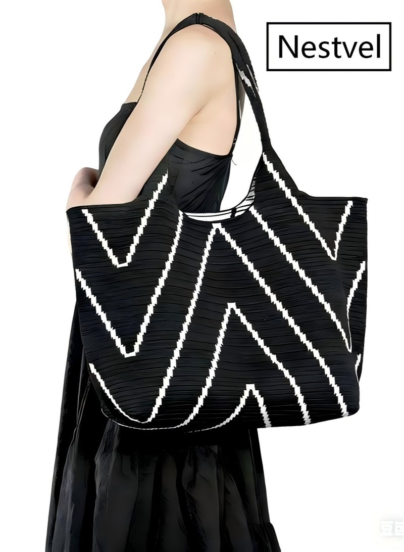 Nestvel Black & White Chevron Knit Tote Bag，Handbags with Pockets, Crossbody Bags, Large Handbags, Top Handle Shoulder Bags, Casual Work Bags, Everyday Shoulder Bags, Various Handbags Suitable for Work, Travel, Shopping, One Size - Image 1