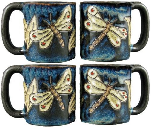 Creative Structures Set Of Four 4 MARA STONEWARE COLLECTION  16 Oz CoffeeTea Cup Collectible Mugs  Dragonfly Design 