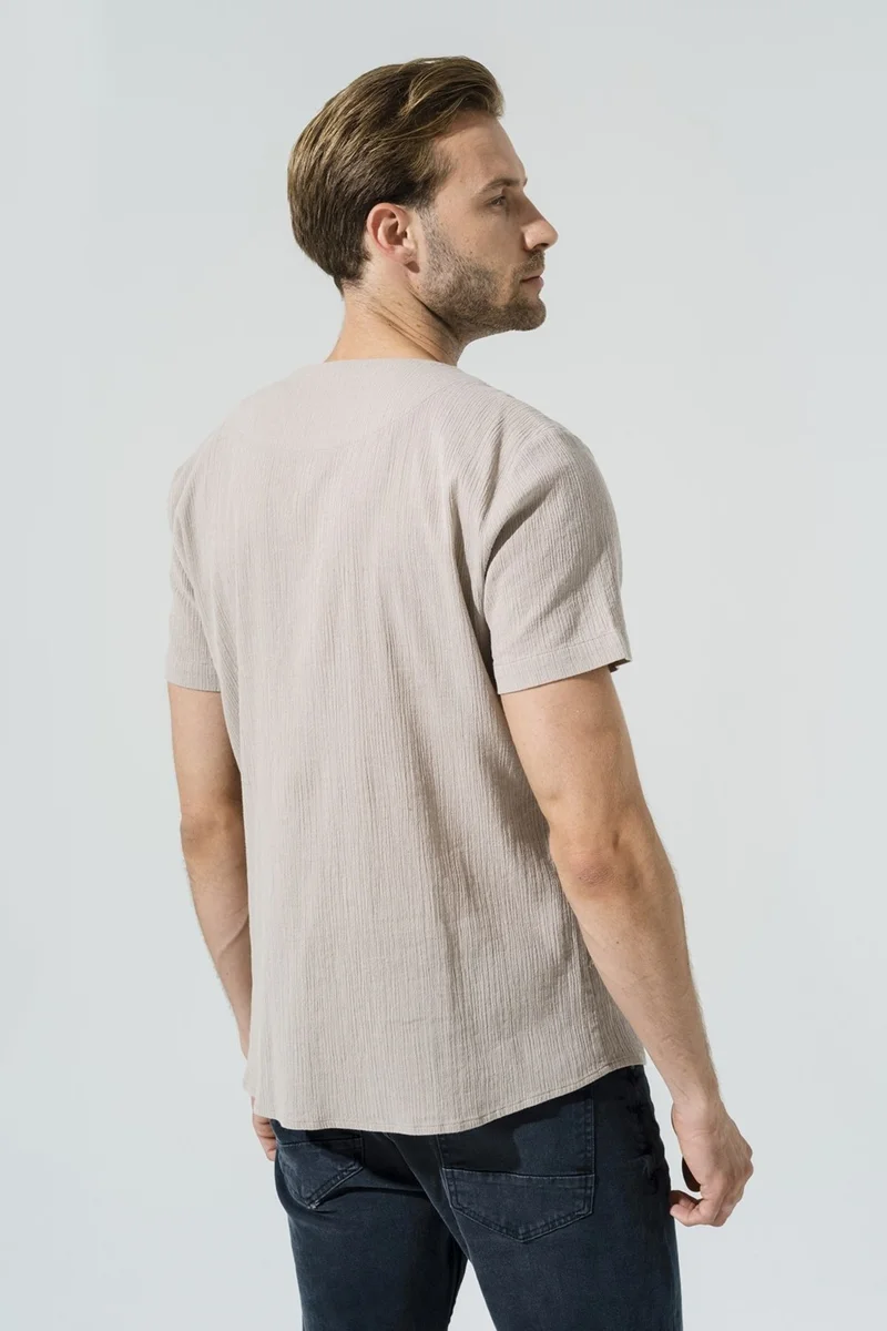 فور يو مان Organic Single Button Short Sleeve Stone Shirt S27059