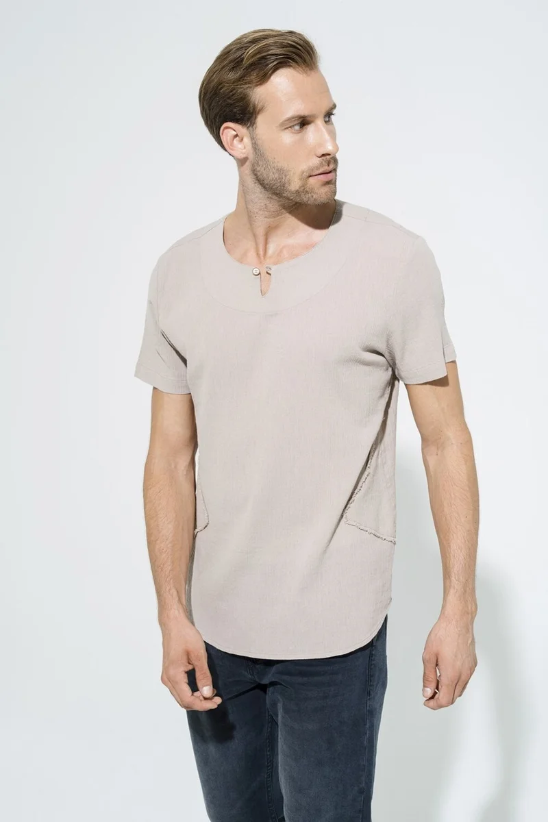 فور يو مان Organic Single Button Short Sleeve Stone Shirt S27059