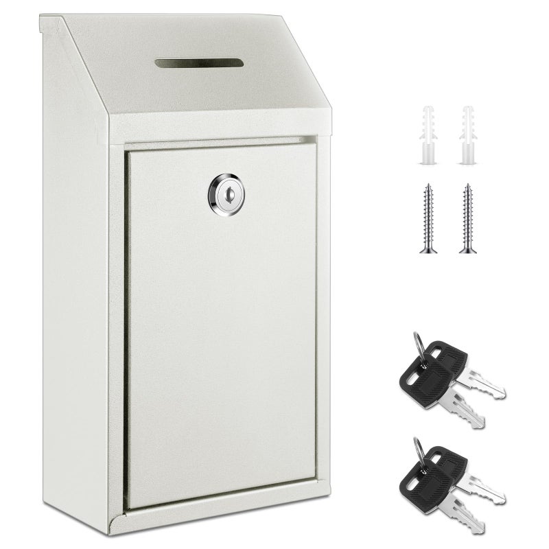Yaocom Metal Money Donation Cash Box Collection Safe Suggestion Box with Lock Wall Mounted Mailbox Delivery Ballot Container for Home Office Outdoor Farmstand(White,10.24 x 5.71 x 2.95 Inch) - Image 1