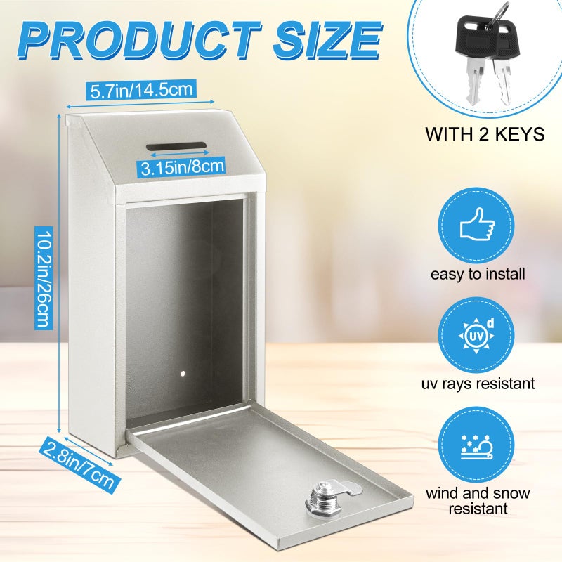 Yaocom Metal Money Donation Cash Box Collection Safe Suggestion Box with Lock Wall Mounted Mailbox Delivery Ballot Container for Home Office Outdoor Farmstand(White,10.24 x 5.71 x 2.95 Inch) - Image 2