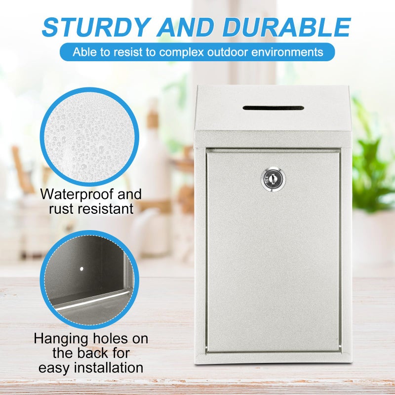 Yaocom Metal Money Donation Cash Box Collection Safe Suggestion Box with Lock Wall Mounted Mailbox Delivery Ballot Container for Home Office Outdoor Farmstand(White,10.24 x 5.71 x 2.95 Inch) - Image 3
