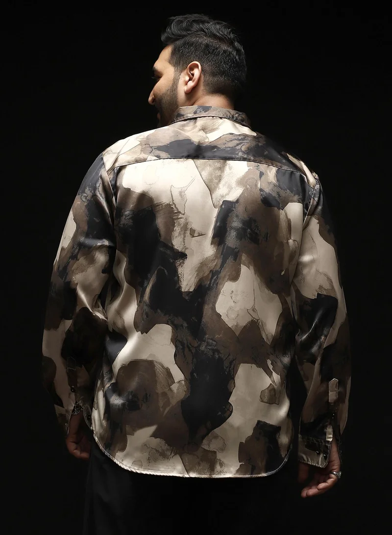 Instafab Plus Instafab Plus Men's Black & Beige Abstract-Smear Imprint Shirt | Spread Collar , Long Cuffed Sleeves , Button Closure , Curved Hemline | Abstract-Print Plain Polyester For Evening & Party Wear