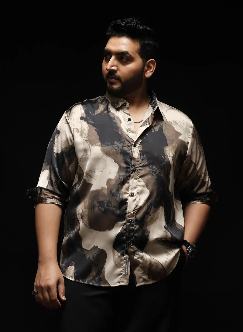 Instafab Plus Instafab Plus Men's Black & Beige Abstract-Smear Imprint Shirt | Spread Collar , Long Cuffed Sleeves , Button Closure , Curved Hemline | Abstract-Print Plain Polyester For Evening & Party Wear